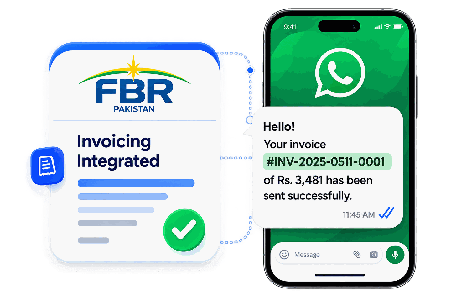 An invoice being submitted to FBR and sent to a customer on WhatsApp